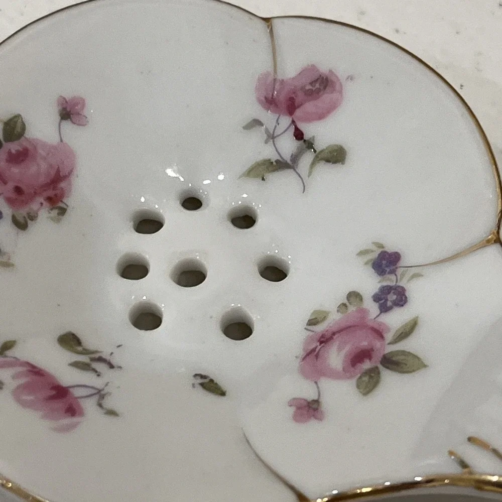 Small Bone China Tea Strainer Crown Staffordshire England Pink Roses Unmarked